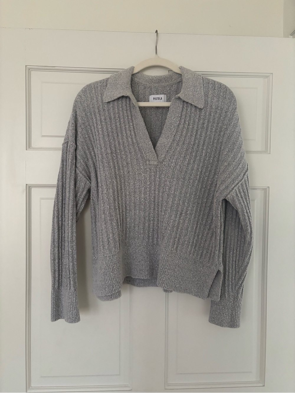 PISTOLA Gray Ribbed Collared V-Neck Sweater